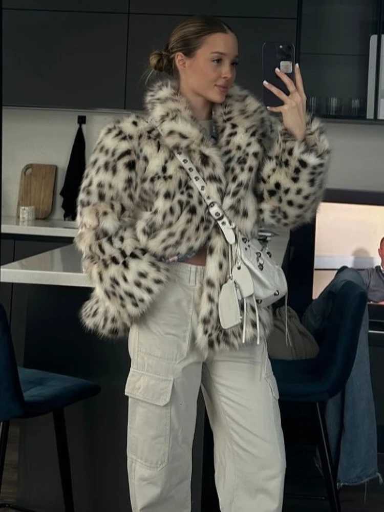 HH 2025 Winter Leopard Print Faux Fur Jackets For Women Long Sleeve Lapel Thick Warm Soft Fluffy Fur Coats Lady Loose StreetwearT251201