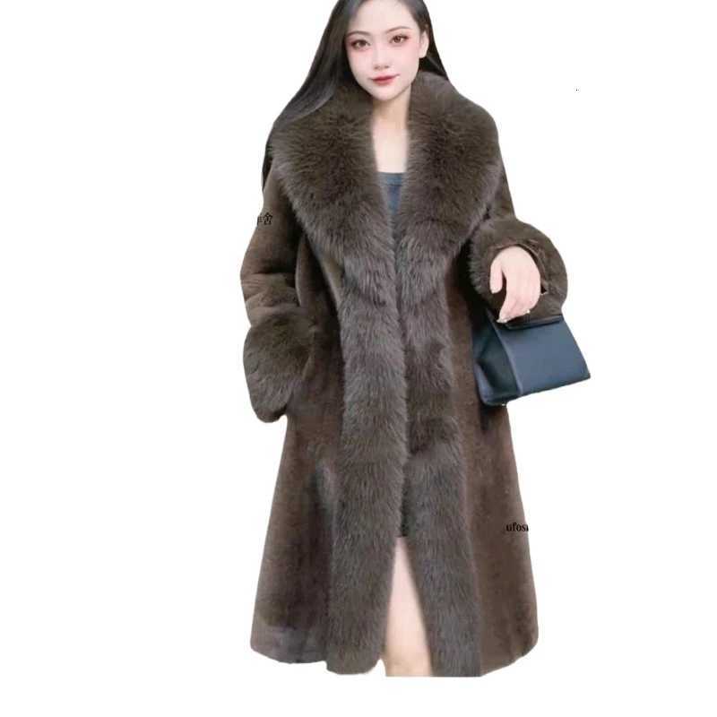 Faux Fur Coats Women Long Coat Thick Warm Turn Down Collar Open Stitch Spring Outerwear Jackets Elegant Splice Autumn WinterT251201