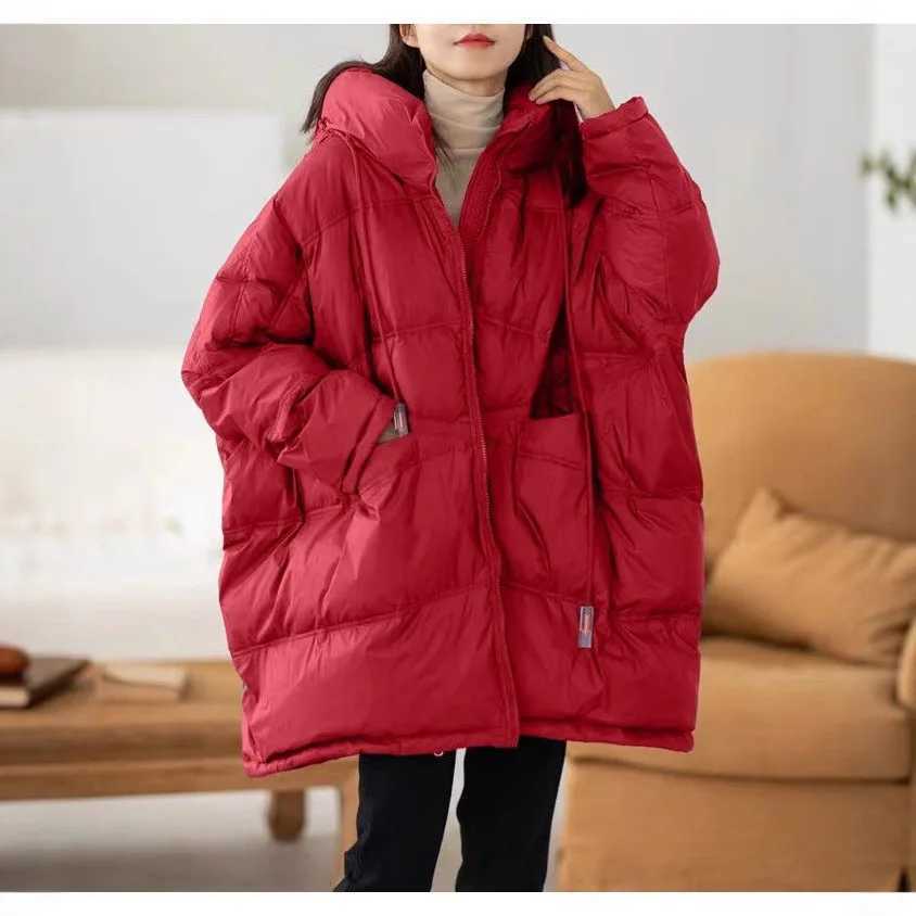 2025 New Winter Women 90 White Duck Down Jacket Casual Loose Over Size Warm Parka Female Drawstring Hooded Puffer CoatT251201