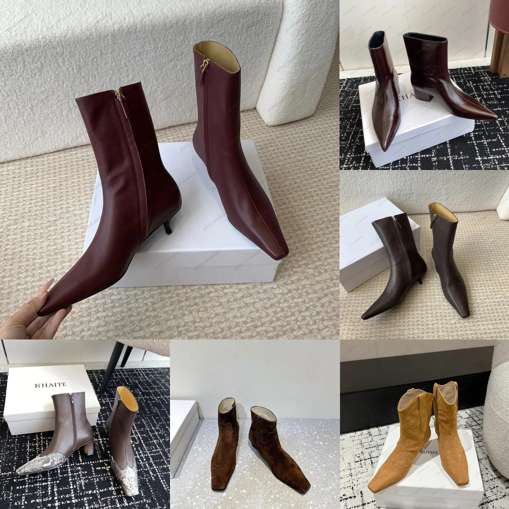 10A Women's low suede leather slingback heel khaite Knight booties shoe Designer cowboy Ankle Boots Square Pointed Toe Kitten boots