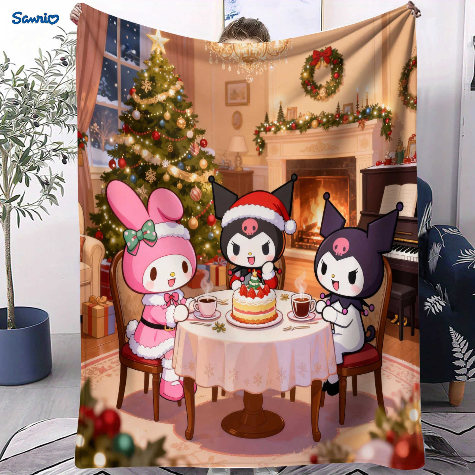 Sanrio Kawaii Kuromi My Melody Christmas Printed Blanket Cartoon Flannel Blanket for Bed Living Room Bedroom Home Travel Picnic H251201