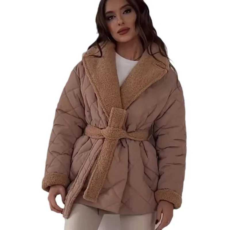 Elegant Quilted Coat With Faux Fur Lining For Women Fashion Lapel Belted Waist Coat Lady 2025 Fall Winter Chic Street OuterwearT251201