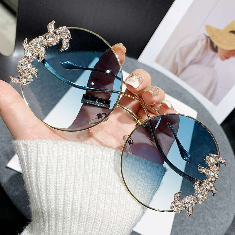 New anti blue light frameless cut edge inlaid diamond sunglasses, fashionable round rhinestone sunglasses with wave design, leg sunglasses, sunshade g