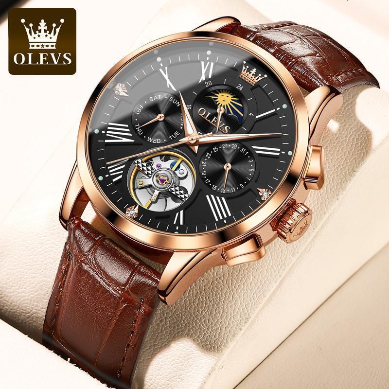 Watches Men Designer OLEVS Trend Waterproof Multi-functional Mechanical Watch Sun And Moon Skeletonized Luminous Skeleton Men's Wristwatch Free S