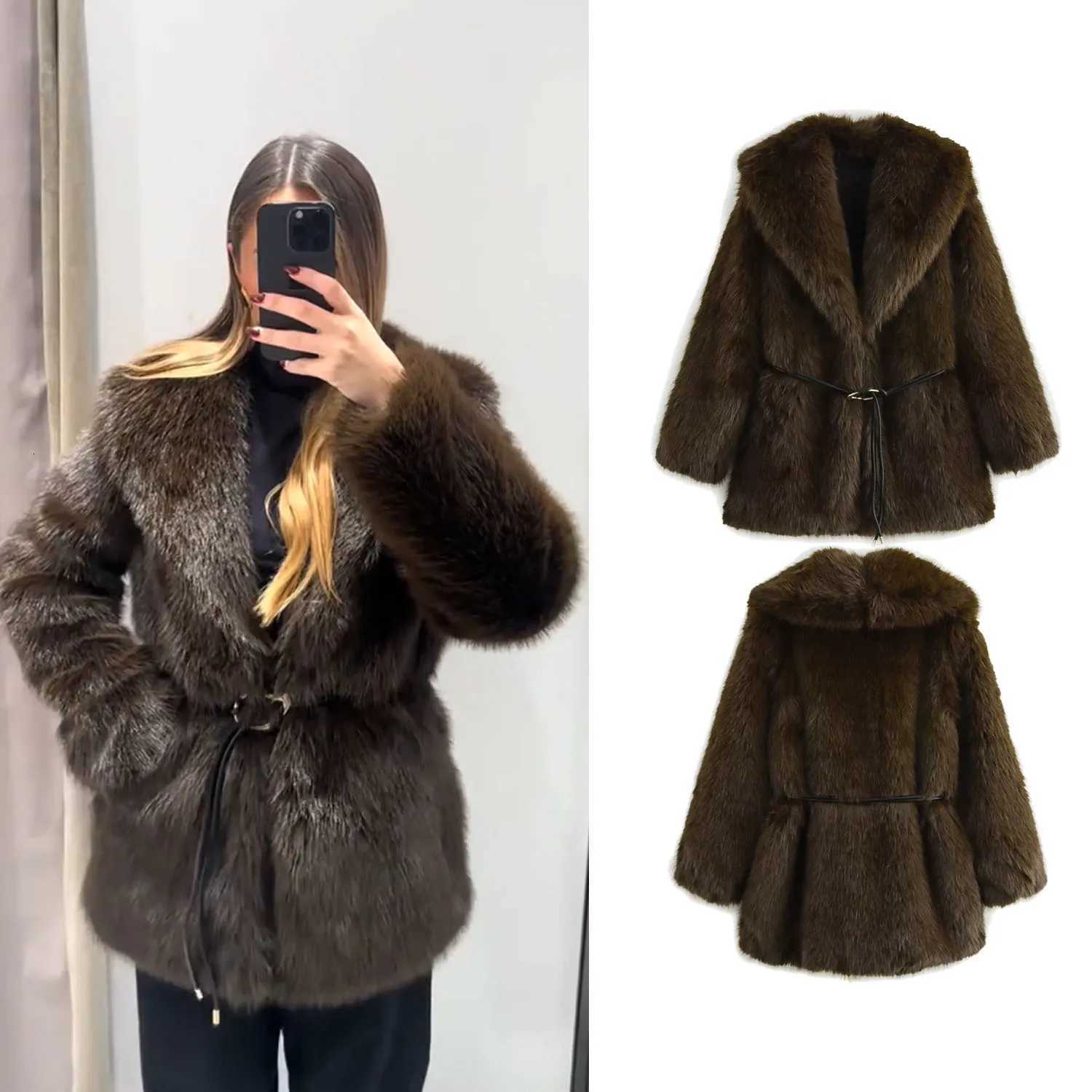 Womens With Belt Faux Fur Coat Female Long Sleeve Turn-Down Collar Elegant Fashion Autumn Winter New Furry Outerwear StreetwearT251201