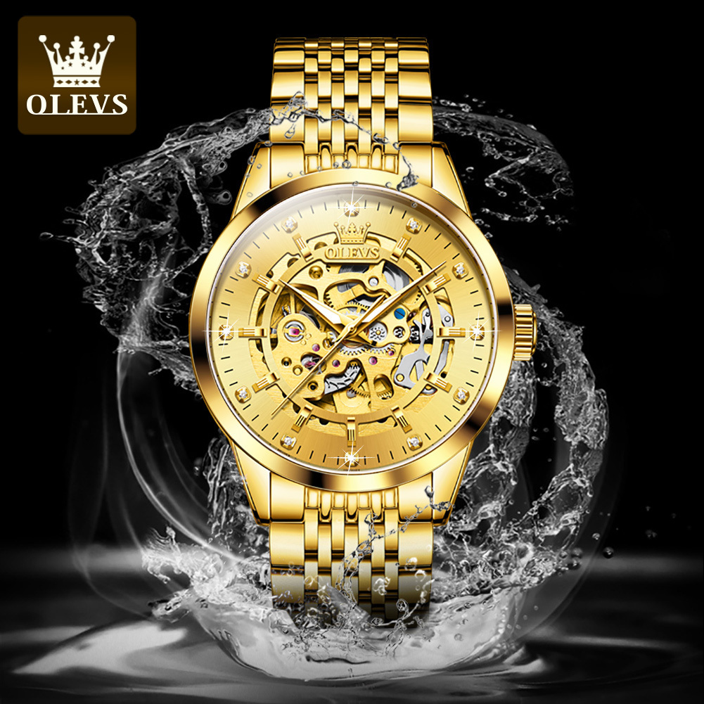 OLEVS Designer Luxury Mechanical Watch Diamond-encrusted Skeleton Large Gold Outdoor Business Luminous Waterproof Men's Watch Free Shipping Whole