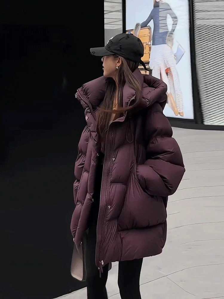 Winter New Puff Down Jacket Female Thickened White Duck Down Warm Coat Women Medium-length Loose Solid Thick Hooded OvercoatT251201