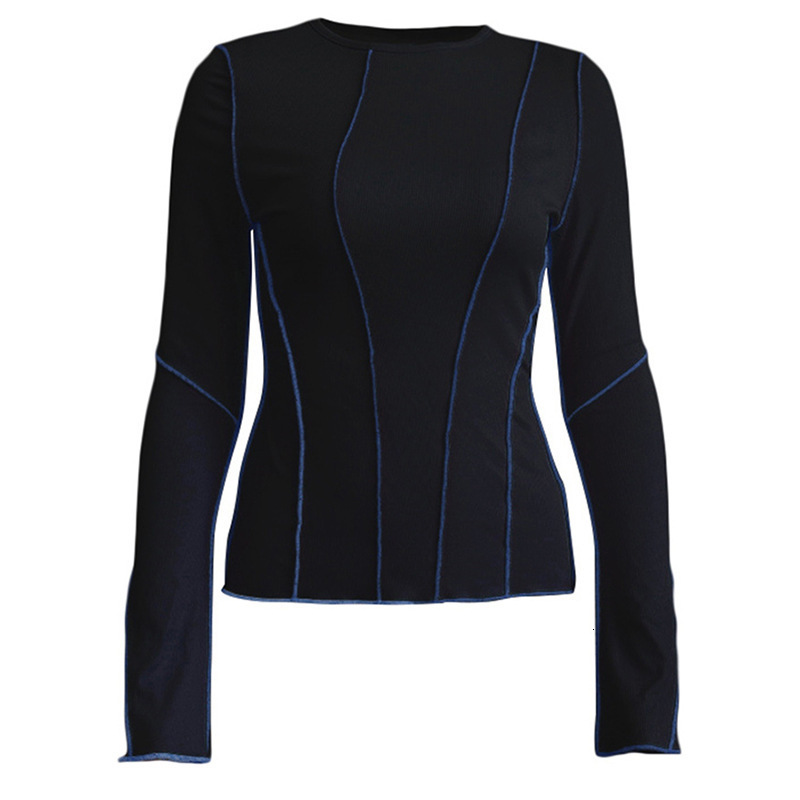 Autumn and Winter Round Neck Flare Sleeve Pit Stripe Top for Womens New Underlay Womens Fashion Sexy Long Sleeve T-shirt for Women 210302