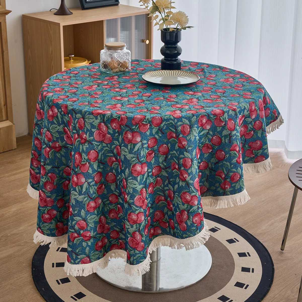 1pc Vintage Oil Painting Floral Round Tassel Jacquard Tablecloth with Tassel Edge Design Suitable for Side Cabinet Y251201