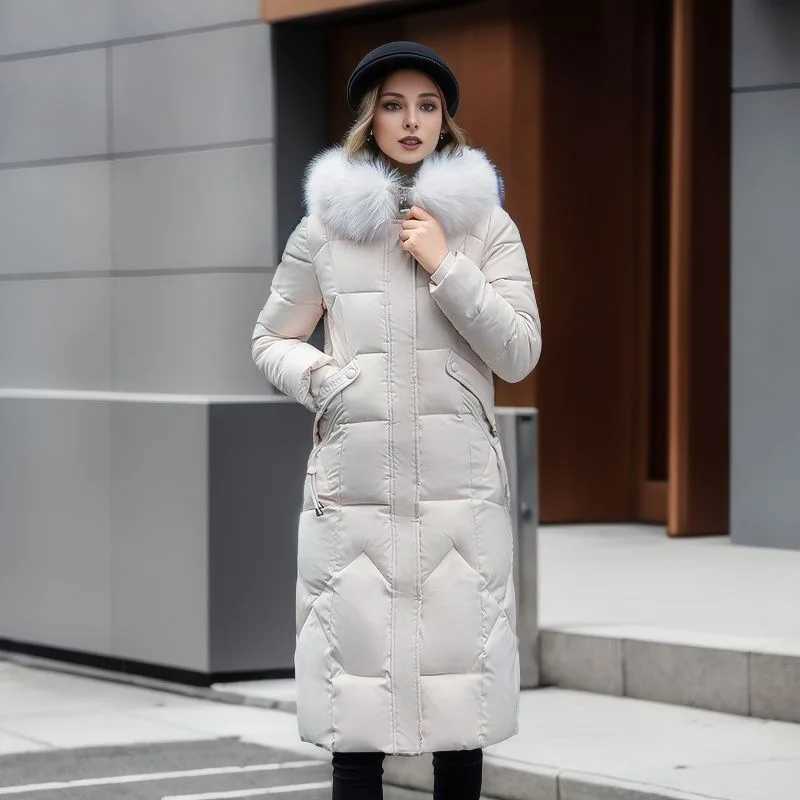 2025 Long Womens Winter Jacket Female Fur Collar Warm Thicken Cotton Jacket Womens Extended Version Pure Color Casual ParkasT251201
