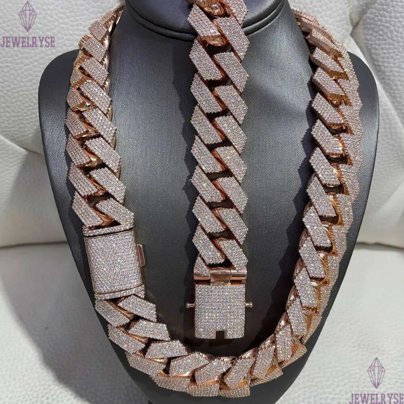 Fully Iced MOISSANITE 20mm Cuban k Hip Hop Chain Rose Gold Plated Multi Size Available Featuring Dia pass tester