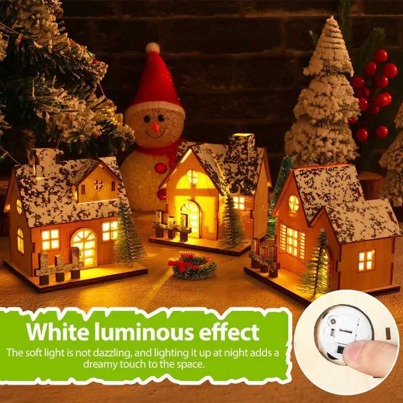 LED Wooden Christmas House Village Unfinished Xmas Snow House DIY Wood Cht Tree Ornaments Christmas Table Centerpieces H251129