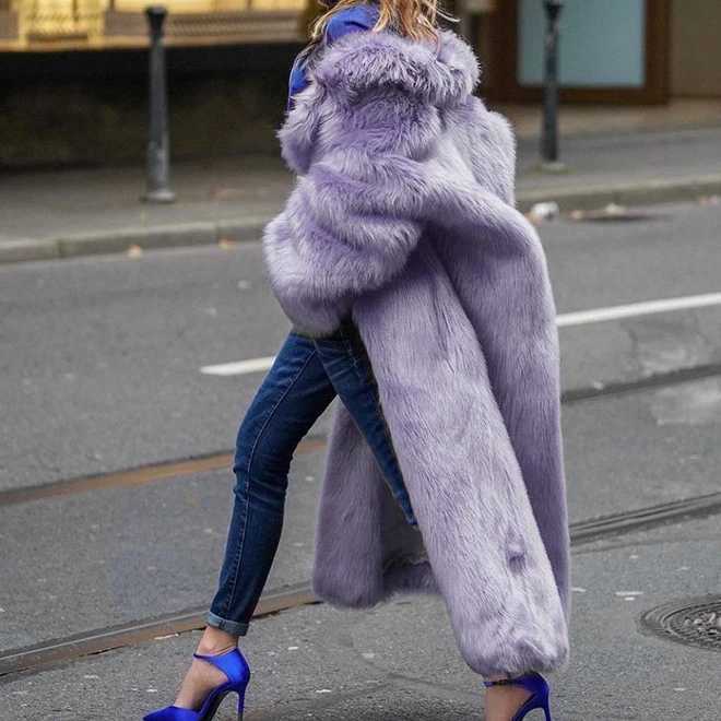 Women Thick Faux Fur Jacket Work Y2k Autumn Winter Maxi Coat Long Warm Luxury Belt Fur Purple Parkas Bontjas Furry OuterwearT251201