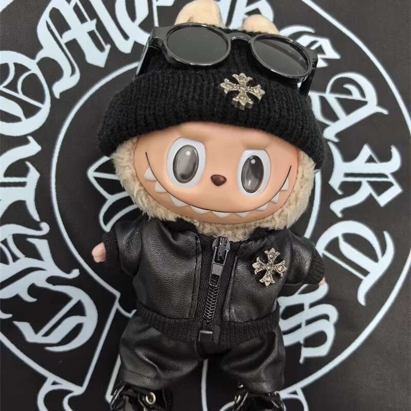 15/17cm Doll Labubu Sitting Party Motorcycle Trendy Cool Leather Jacket Hat Set Clothes