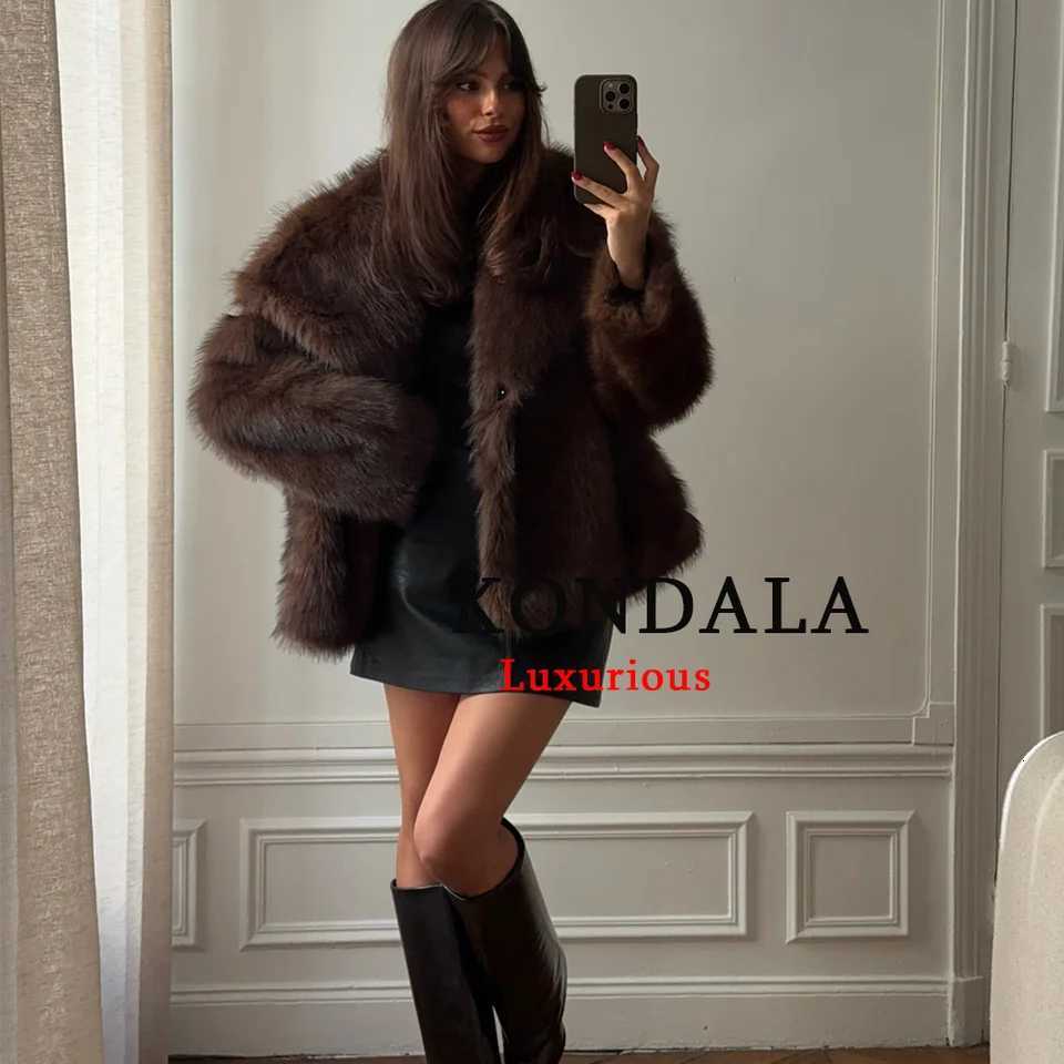 KONDALA Casual Brown Thick Fur Jackets Women Long Sleeve V Neck Autumn Winter Faux Fur Coats Fashion 2025 Streetwear OutwearsT251201