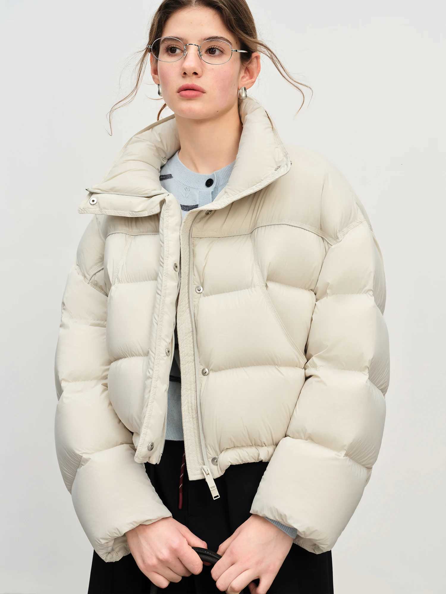 FSLE Winter 2025 Women Cloud-Like Puffer Coat - Stand Collar Short Down Jacket Lazy Chic Style Glossy Finish for Casual ComfortT251201