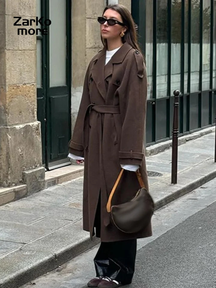 Elegant Grey Belt Long Faux Wollen Coat Women Lapel Double Breasted Street Coats Female 2025 Autumn Winter Lady Peacoat 251129