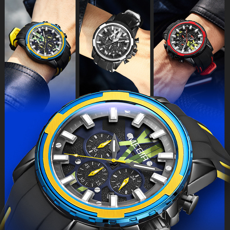 MEGIR Designer Trendy Men's Multifunctional Chronograph Luminous Waterproof Large Dial Quartz Watch Business Versatile Luxury Wristwatch Free Shi