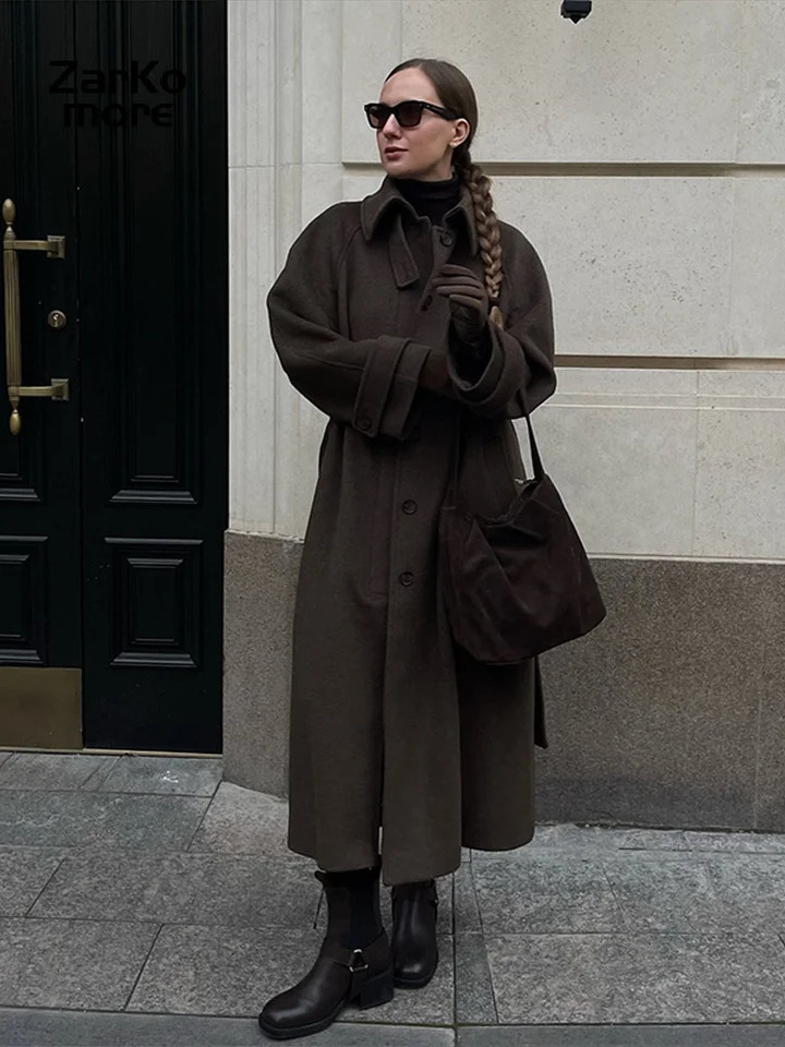 Elegant Grey Belt Long Faux Wollen Coat Women Lapel Double Breasted Street Coats Female 2025 Autumn Winter Lady Peacoat 251129