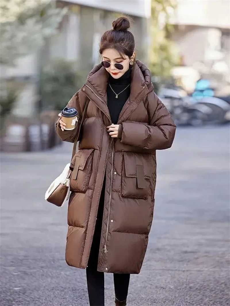 Mid to Long Down Jacket Knee Length 2024 Winter New Item Thickened Warm Fashionable Loose Versatile Jacket Womens Solid ColorT251201