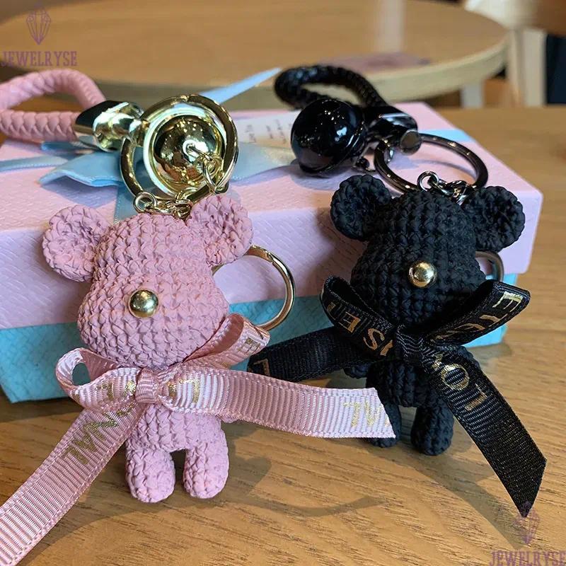 3D Animal Doll Key Chain Rings Bow Woolen Bear Bell Braided Woven Car Keychains Holder Gold Metal Handbag Backpack Pendant Keyrings Gifts Bag Charms A