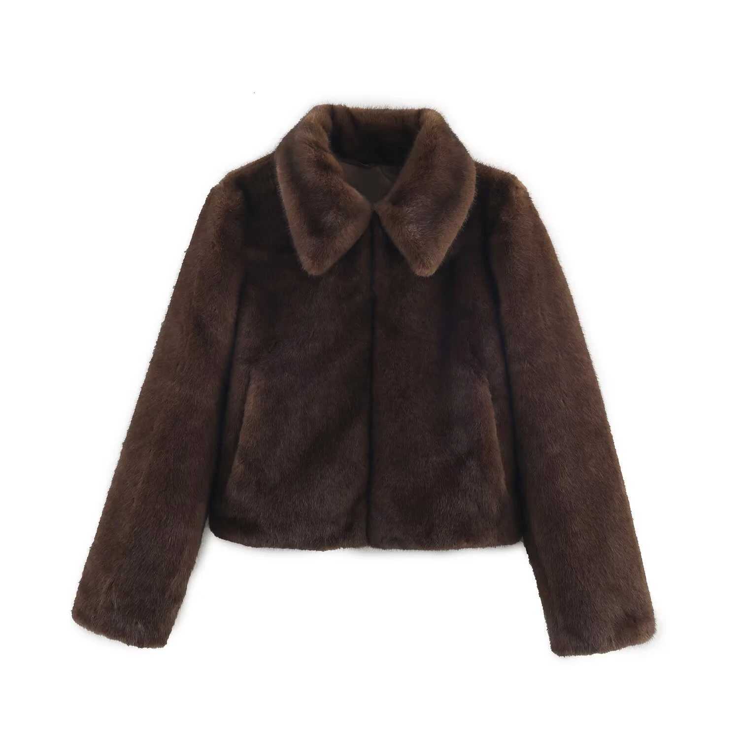Brown collar thickened plush faux fur coat high street American environmentally friendly short winter coat for womenT251201