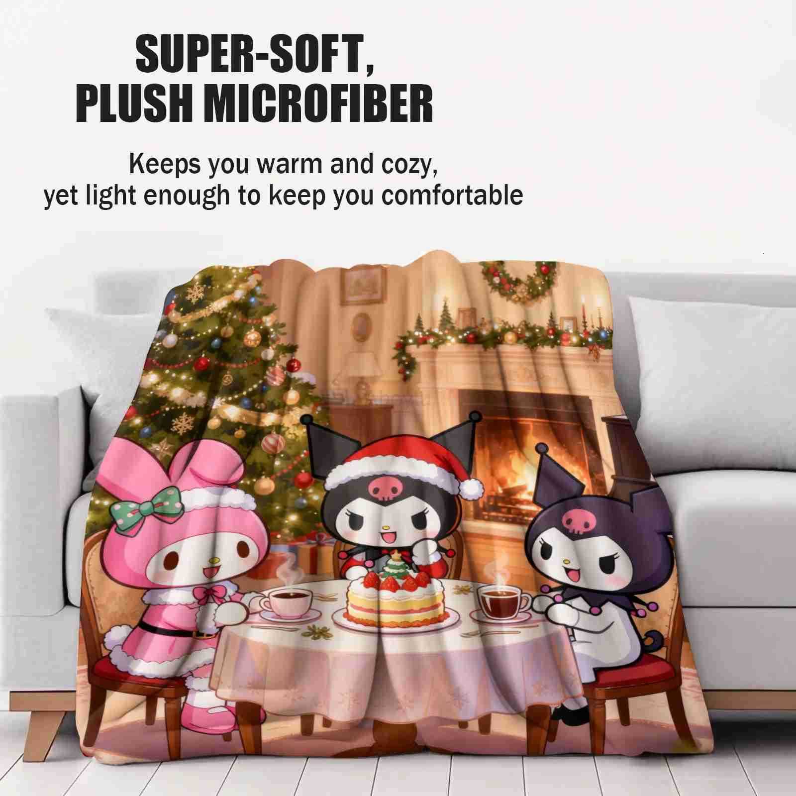 Sanrio Kawaii Kuromi My Melody Christmas Printed Blanket Cartoon Flannel Blanket for Bed Living Room Bedroom Home Travel Picnic H251201