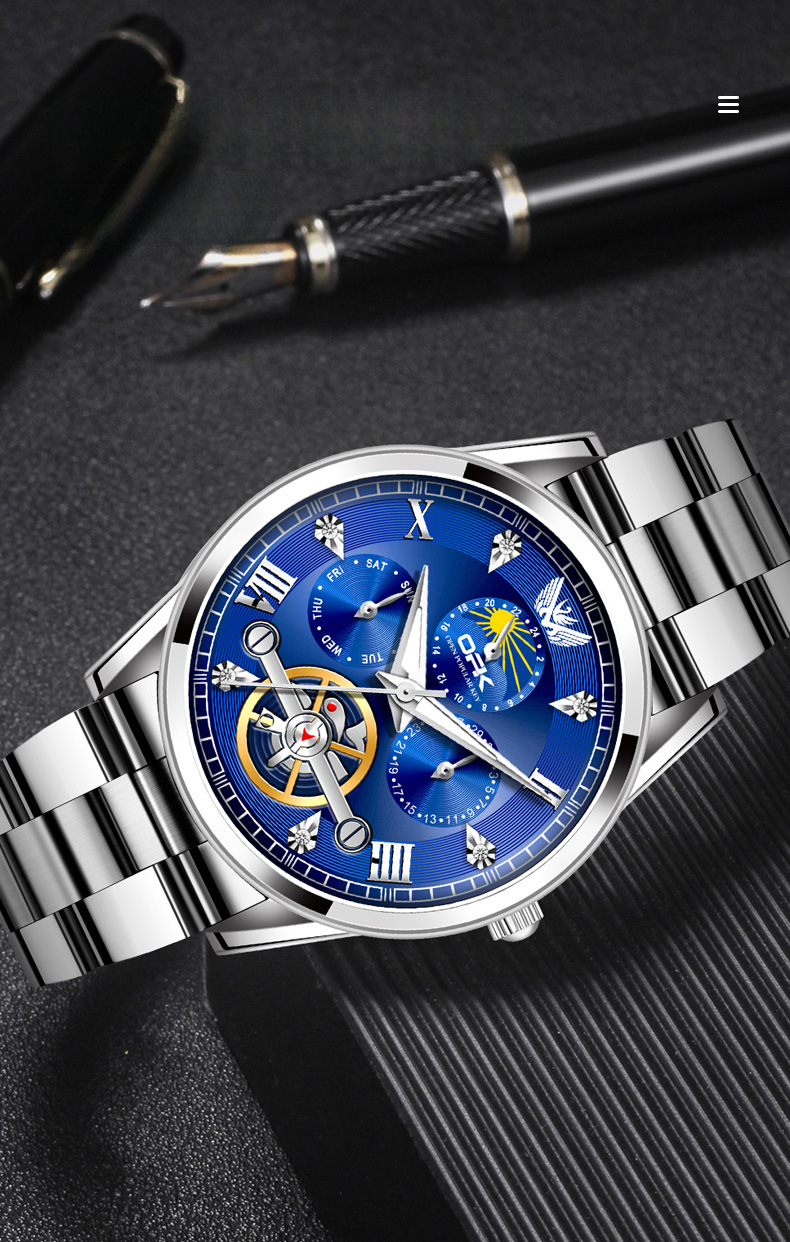 OPK Free Shipping New Designer Watch Dropshipping Fake Tourbillon Steel Band Calendar Luminous Quartz Watch Men's Watch Male Watch