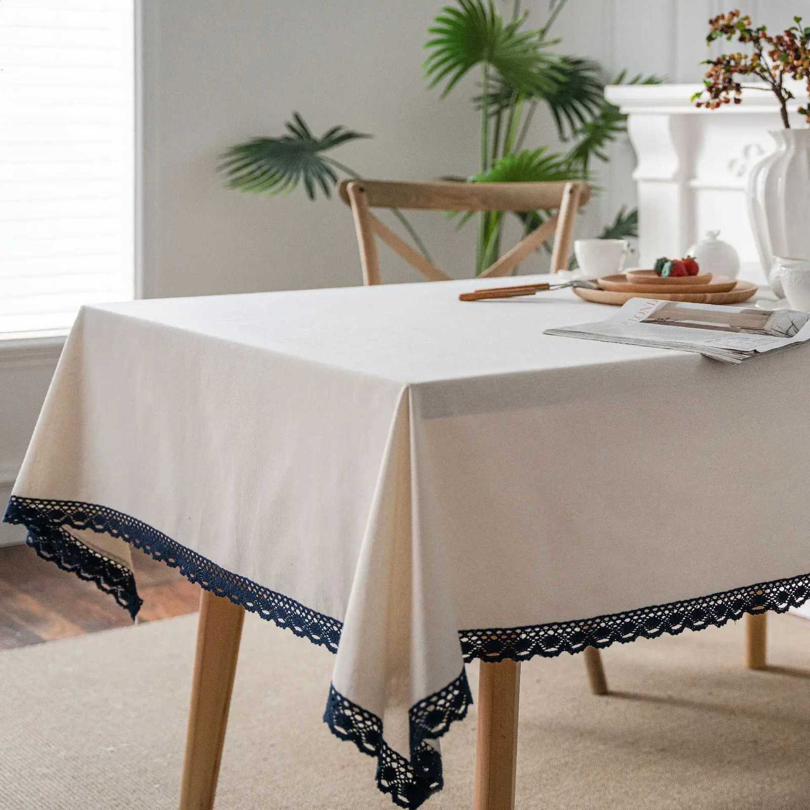 Linen Cotton Tablecloth with Lace Rectangular Dining Table Cover Tea Table Cloth Blue Rose Printing Pastoral Y251201