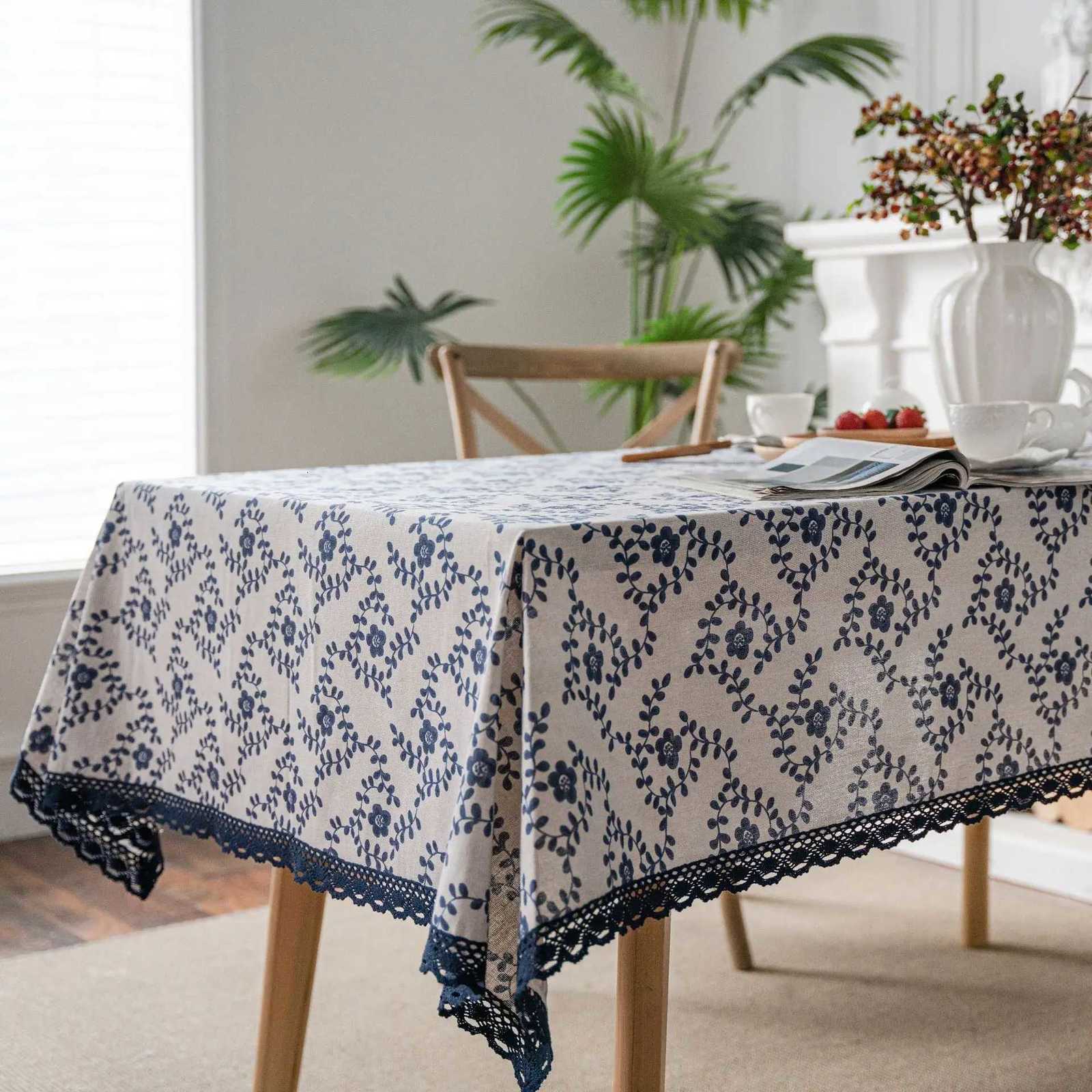 Linen Cotton Tablecloth with Lace Rectangular Dining Table Cover Tea Table Cloth Blue Rose Printing Pastoral Y251201