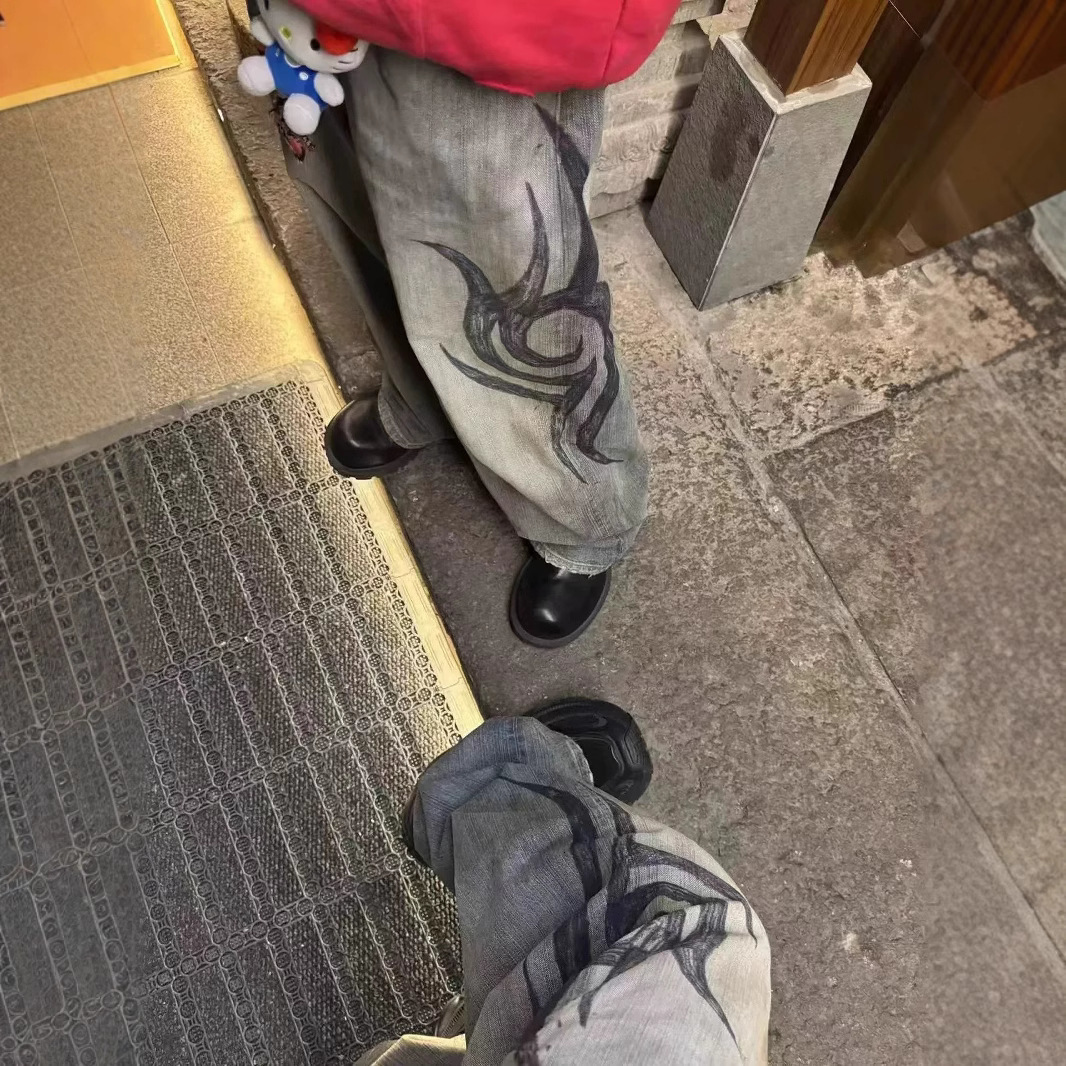 Trendy Harajuku Street Y2K Bone Embroidered Jeans Mens Loose Straight Pants Washed Gray Jeans Mens Summer Hip-hop Trousers 240819