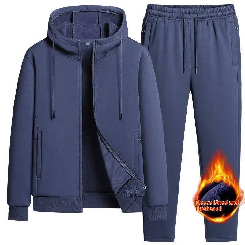 2025 Mens Winter Fleece Running Set Hooded Cardigan Sweatshirt Pants 2 Piece Tracksuit Sports Outfit Casual ensemble jogging M251201