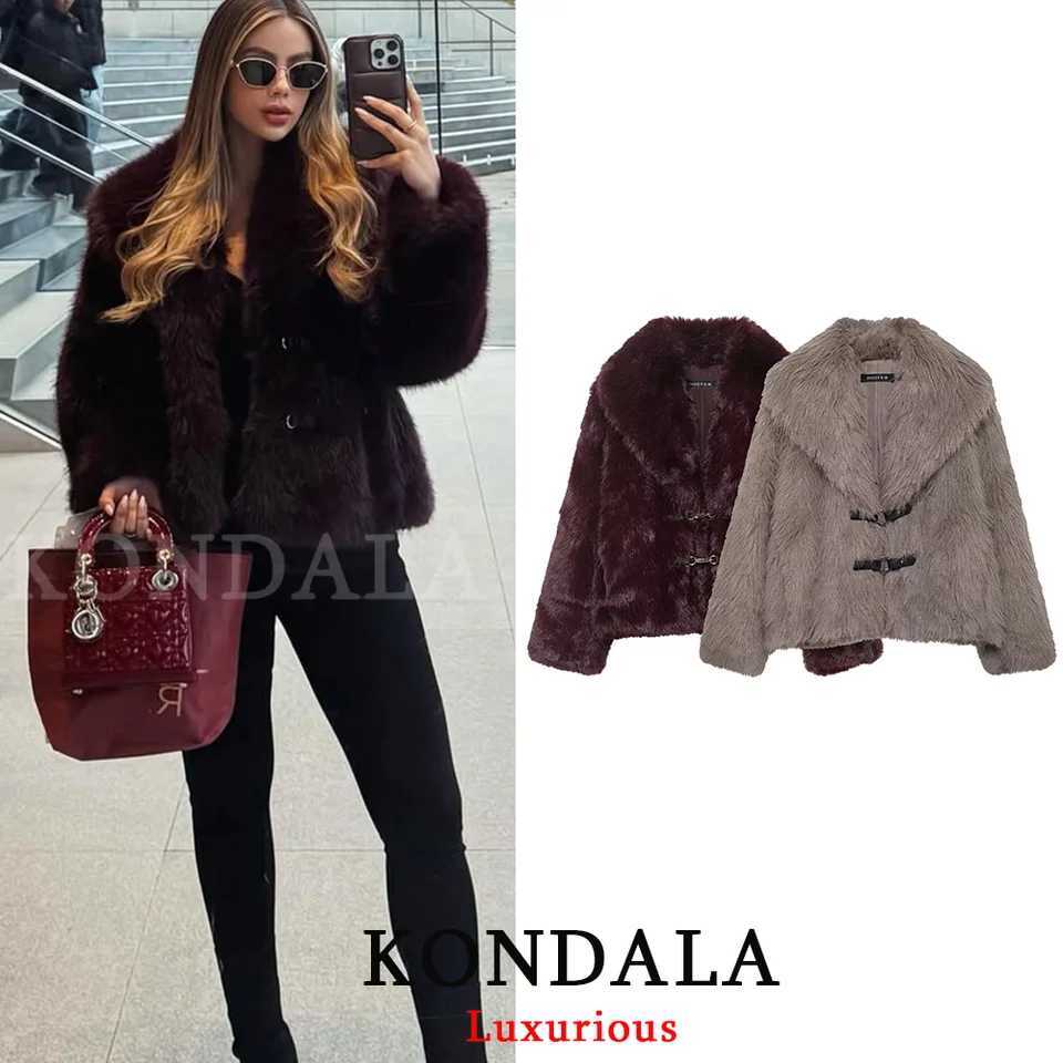 KONDALA Vintage Casual Chic Women Faxur Fur Jackets Solid Long Sleeve Single Breasted Coats New Fashion 2025 Autumn OutwearsT251201