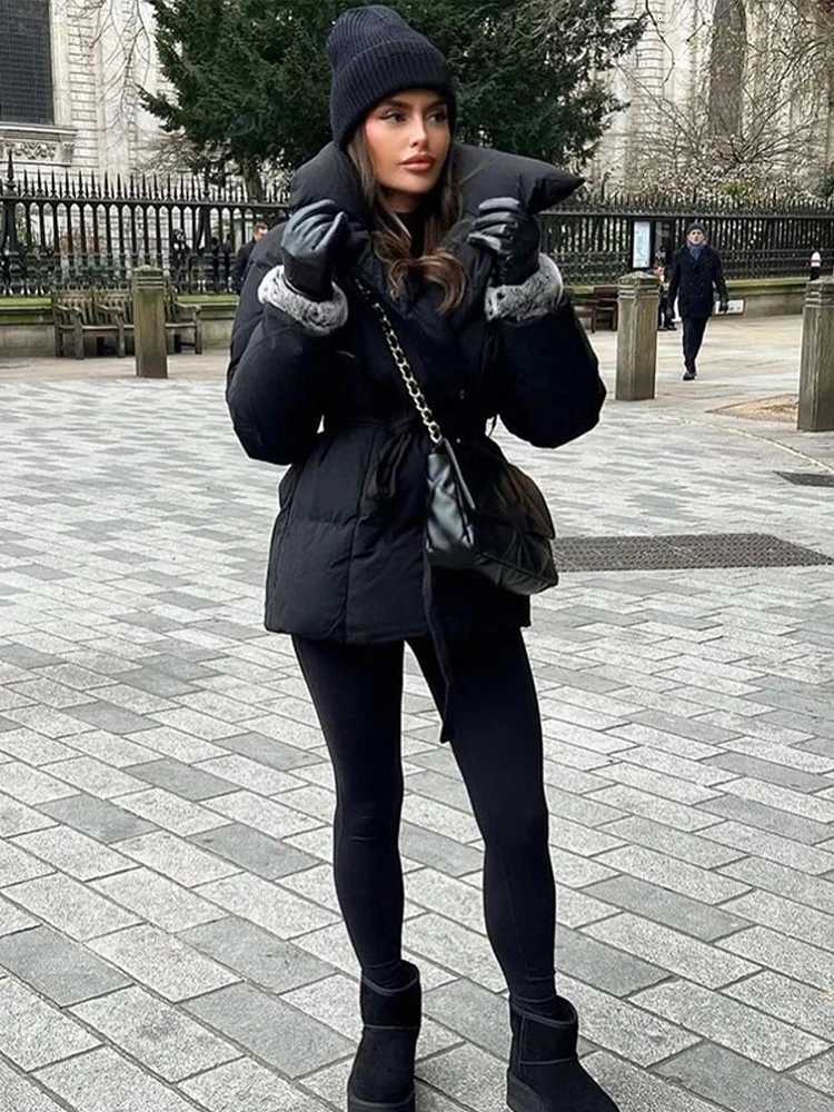 Solid Color Lapel Tied Cotton Coat Women Fashionable Long Sleeved Waist Cinched Warm Jacket Lady Casual Commute Winter OutwearT251201