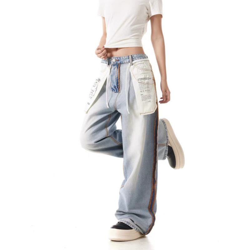 American retro flip-top design style jeans for women, loose, wide-leg, casual, straight and trendy