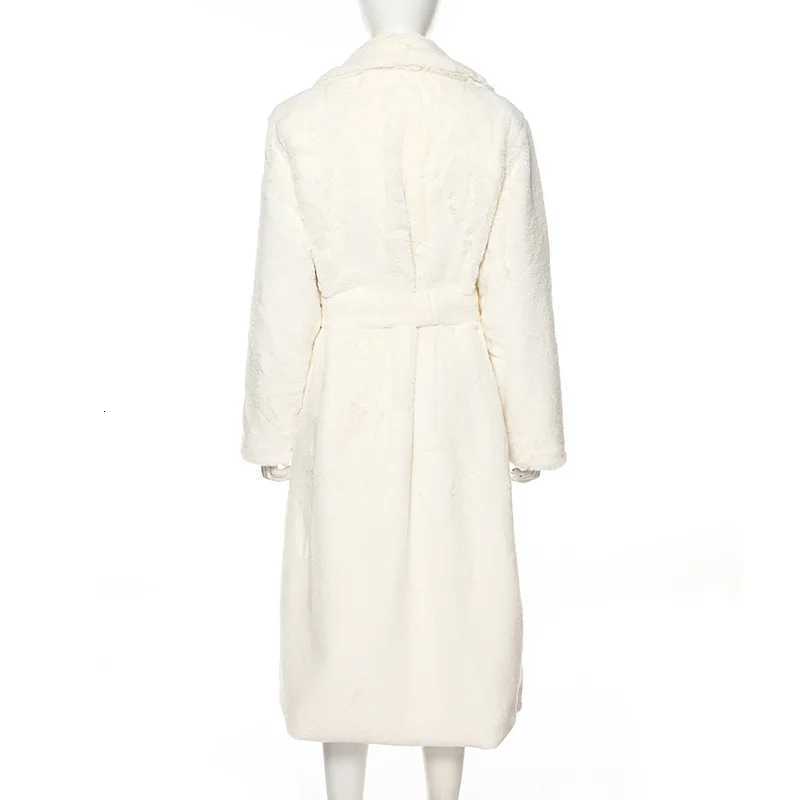 Long Faux Fur Coat Women Long White Fluffy Warm Maxi Coat Hood Lapel Sashes Loose High Waist Jackets 2025 Outerwear JacketT251201