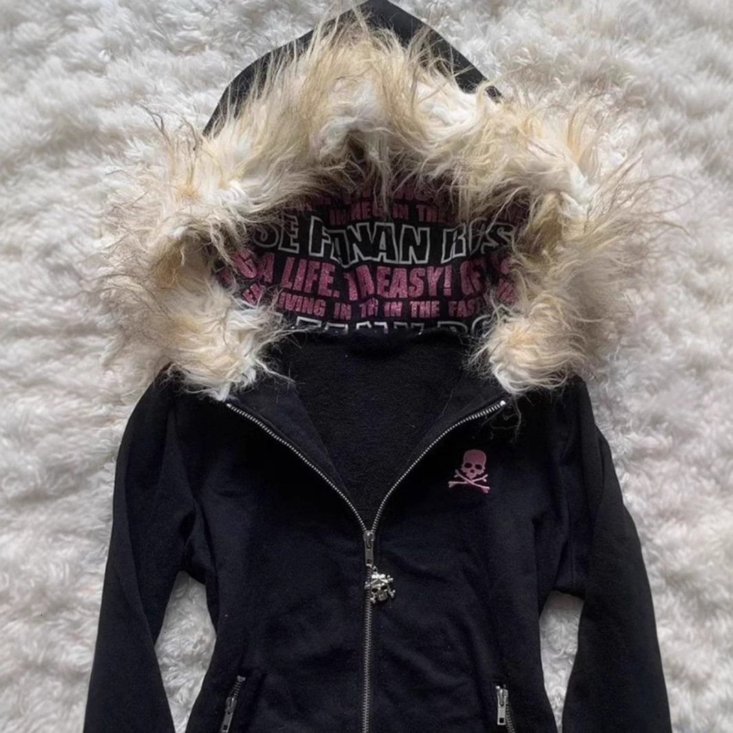 Gothic Style Cardigan Letter Print Hooded Sweatshirt Y2K Zipper Jacket for Women with Furry Collar Design