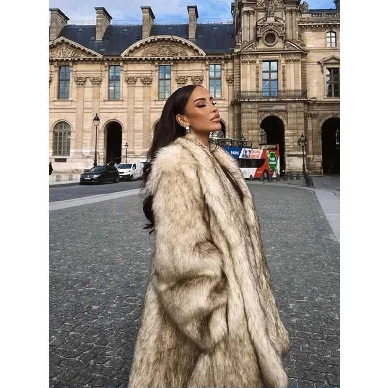 Female Outerwear Luxurious Fashion Lapel Faux Fur Midi Coat Women Street Long Sleeve Oversize Cardigan Jacket Winter Thick WarmT251201