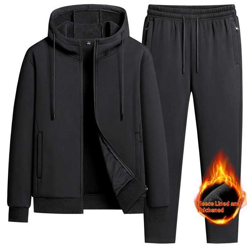 2025 Mens Winter Fleece Running Set Hooded Cardigan Sweatshirt Pants 2 Piece Tracksuit Sports Outfit Casual ensemble jogging M251201