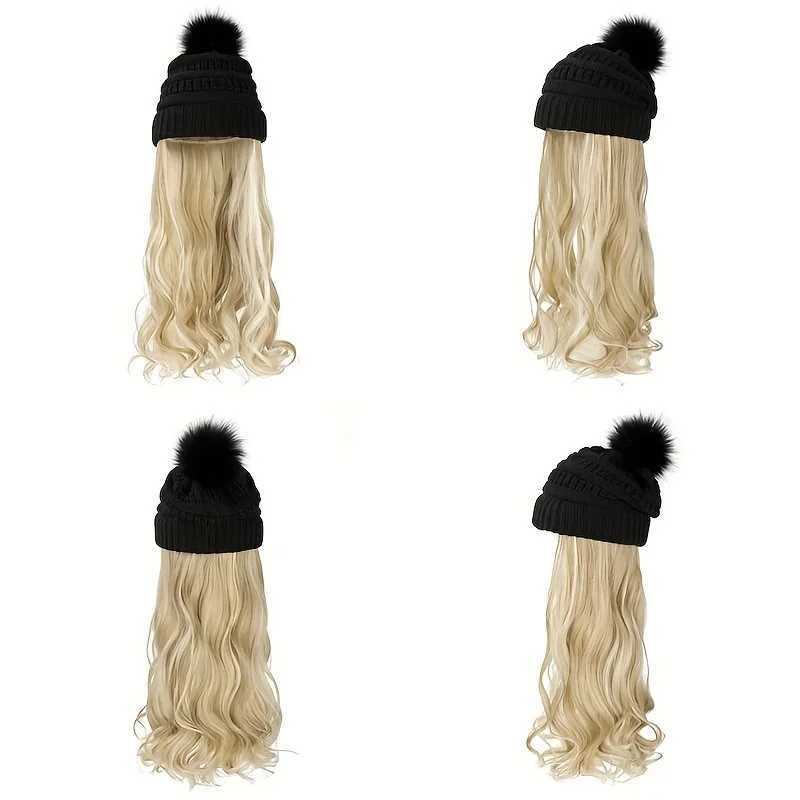 20inch Long Water Wavy Synthetic Hairpiece Beanie Hat - Woven Wigs with Knit Pom Cap and Warm Winter Design - Soft Detachable S251129 - view 3