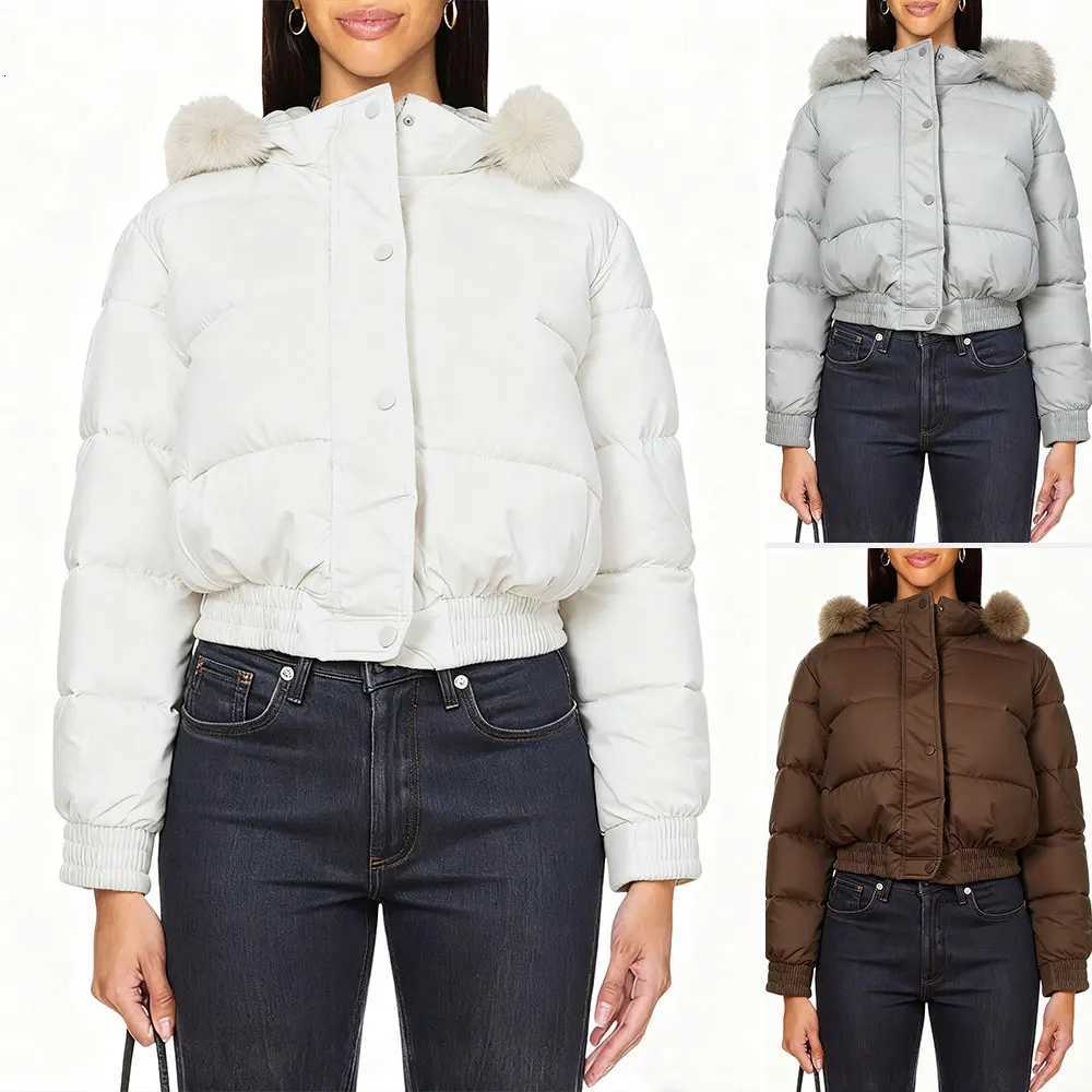 Womens Down Jacket with Faux Fur Pom-Pom Hood Solid Color Crop Style for Winter Casual Warm Daily Wear Cotton-Padded CoatT251201