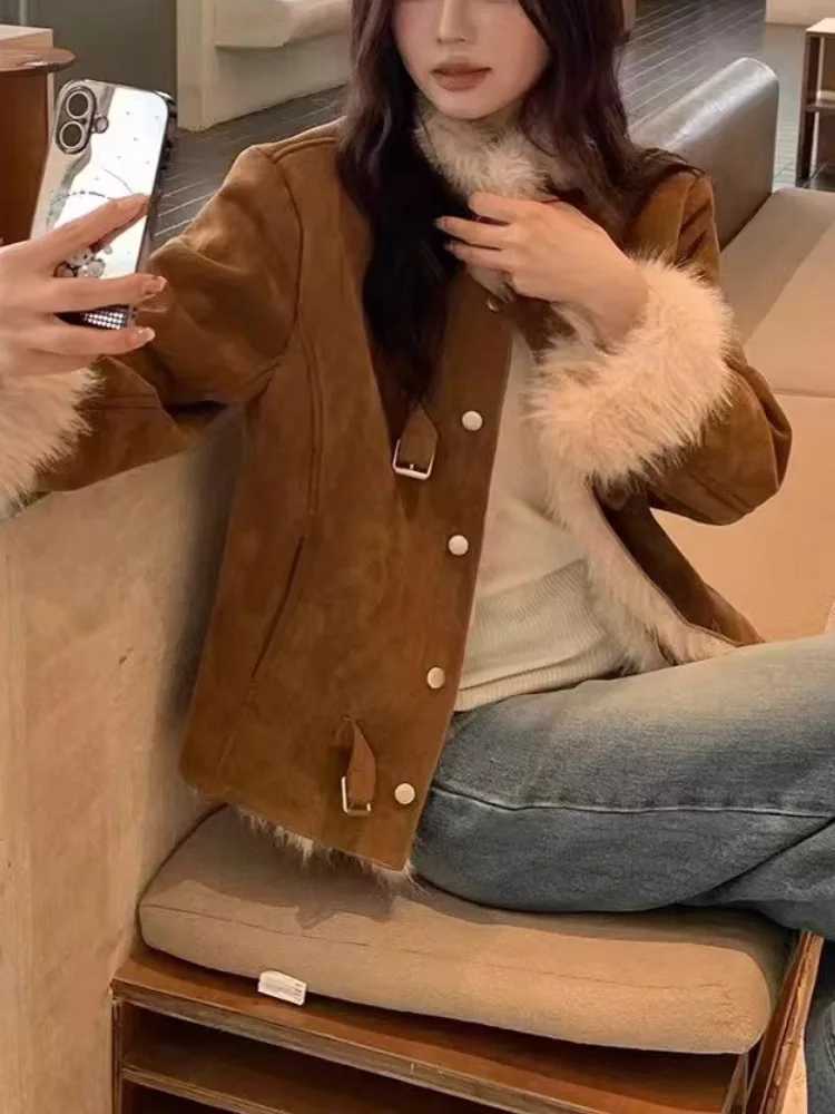 womens Deer Skin Velvet Faux Suede plush coat 2025 autumn winter retro brown Versatile stand neck coats with bag MXE91W1024T251201