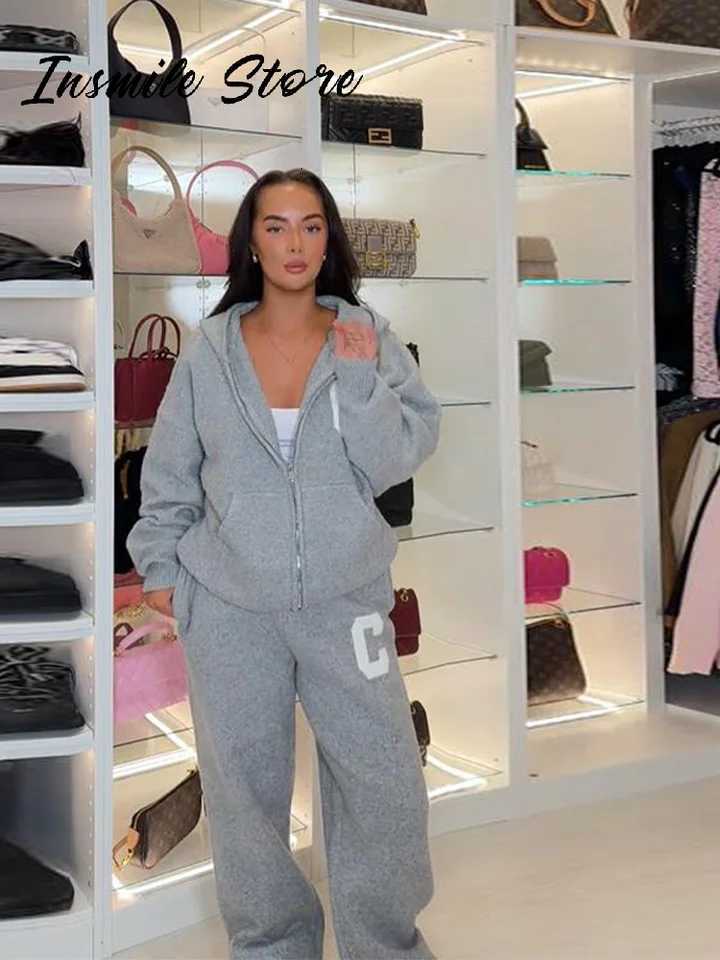 Casual Knit Hooded Tracksuit Set Women Loose Full Sve Zipper Pockets Jacket Wide Leg Pants 2025 Autumn Winter Lady Solid Suit W251201