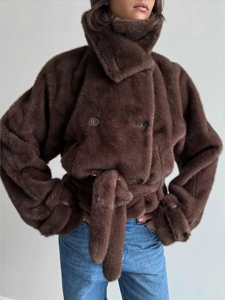 Classic Brown Faux Fur Short Jacket Women Solid Lace-up Full Sleeve Double-breasted Warm Coat Lady Winter Daily Commute Wear NewT251201