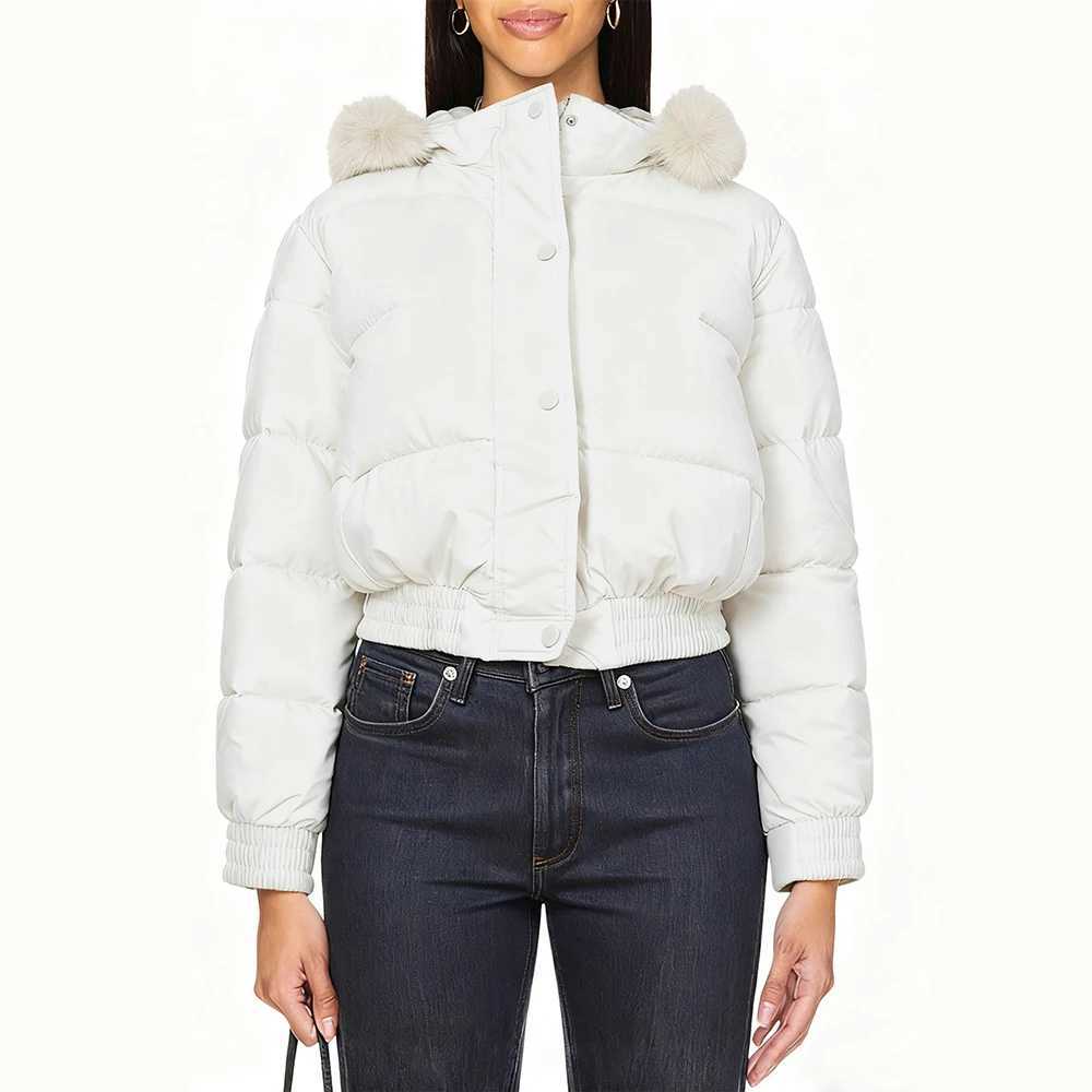 Womens Down Jacket with Faux Fur Pom-Pom Hood Solid Color Crop Style for Winter Casual Warm Daily Wear Cotton-Padded CoatT251201