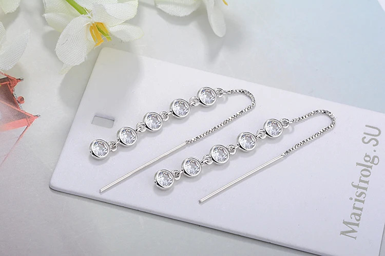 Luxury 925 stamp silver color Geometric Long Tassel Circle Aaa Zirconia Crystal Drop Earrings For Women Sterling Silver Jewelry 251113