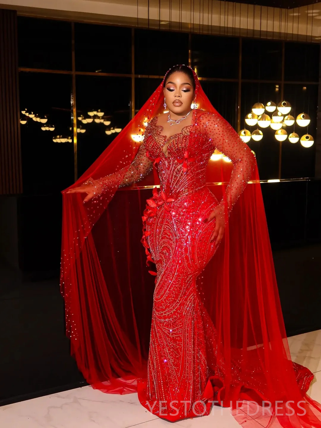 Plus Size Red 2026 Prom Dress Mermaid Evening Dresses For Black Women Beaded Lace Crystals Flora Illusion Long Sleeves Birthday Dress Second Reception