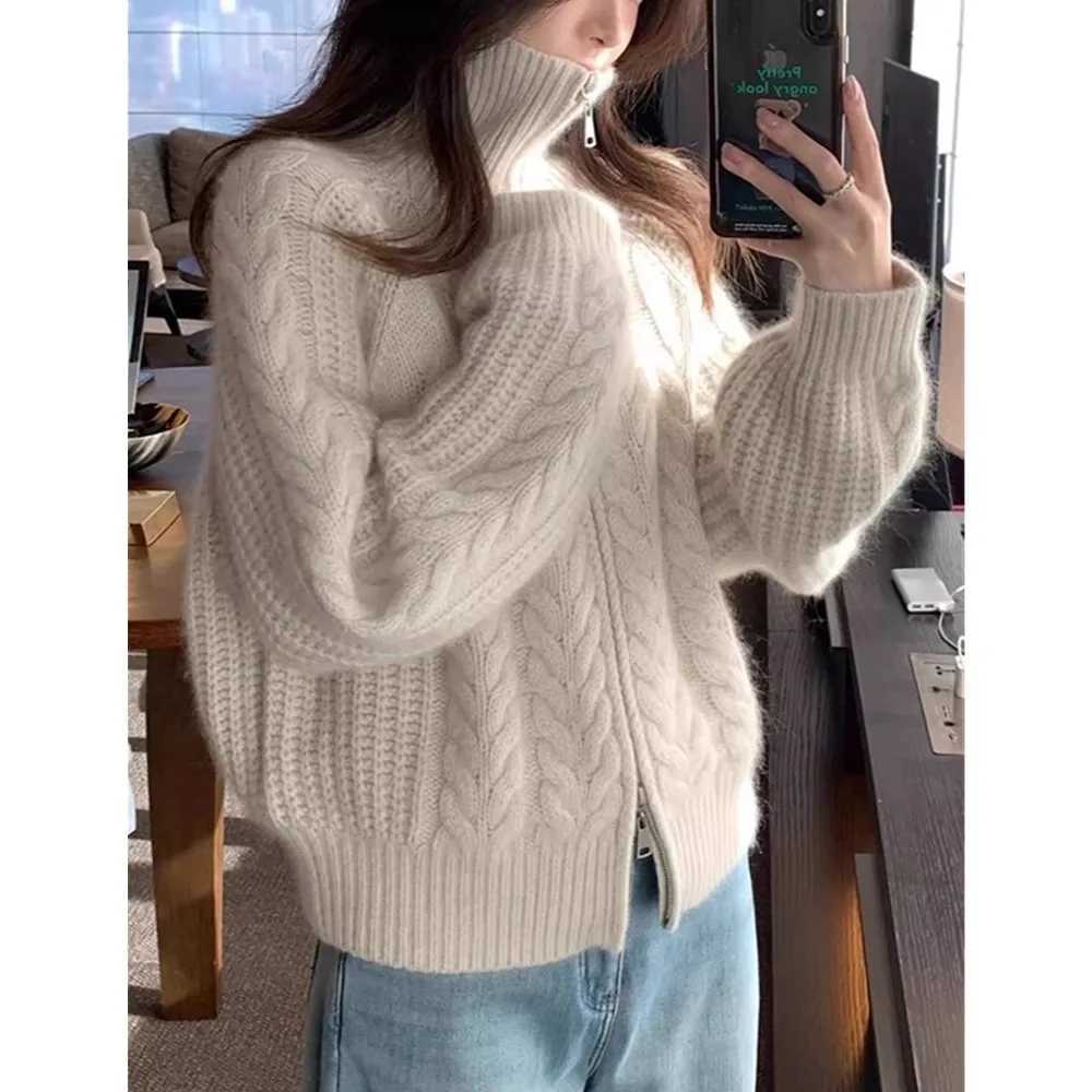 European high-neck zipper cashmere cardigan womens autumn winter thickened sweater wool knitted sweater twist coat lapel top M260306