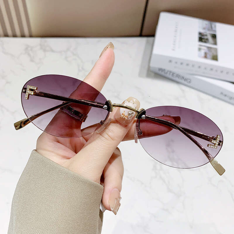European and American Trend Small Decorative Glasses Rimless F Diamond Inlaid Oval Frame Fashion High-end Sunglasses Wholesale