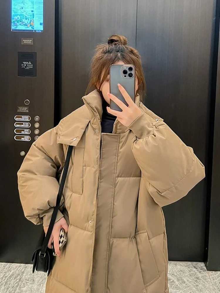 Long Thickened Down Cotton Bread Style Coat Womens Winter 2025 Outerwear Korean Loose Long Knee Length Solid Hooded JacketT251201